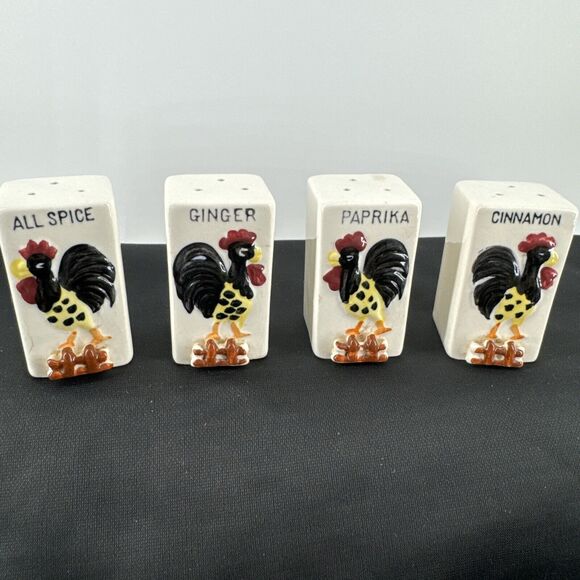 Spice Rack Vintage MCM 1950's Ceramic and Wood Roosters 4 Total Shakers - Picture 8 of 16